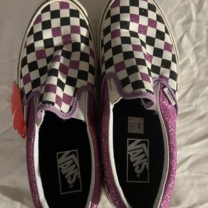 NWT  (no box) fuchsia sparkle checkerboard slip on Vans.  Ladies 9.5 / Mens 8.0